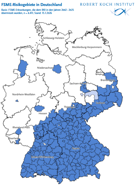 Deutschlandkarte mit Risikogebieten für Frühsommer-Meningoenzephalitis: erhöhte Gefahr in Bayern, Baden-Württemberg, Südhessen, im südöstlichen Thüringen, in Sachsen und im südöstlichen Brandenburg. Einzelne Risikogebiete befinden sich zudem in Mittelhessen, im Saarland, in Rheinland-Pfalz, Niedersachsen und Nordrhein-Westfalen. 