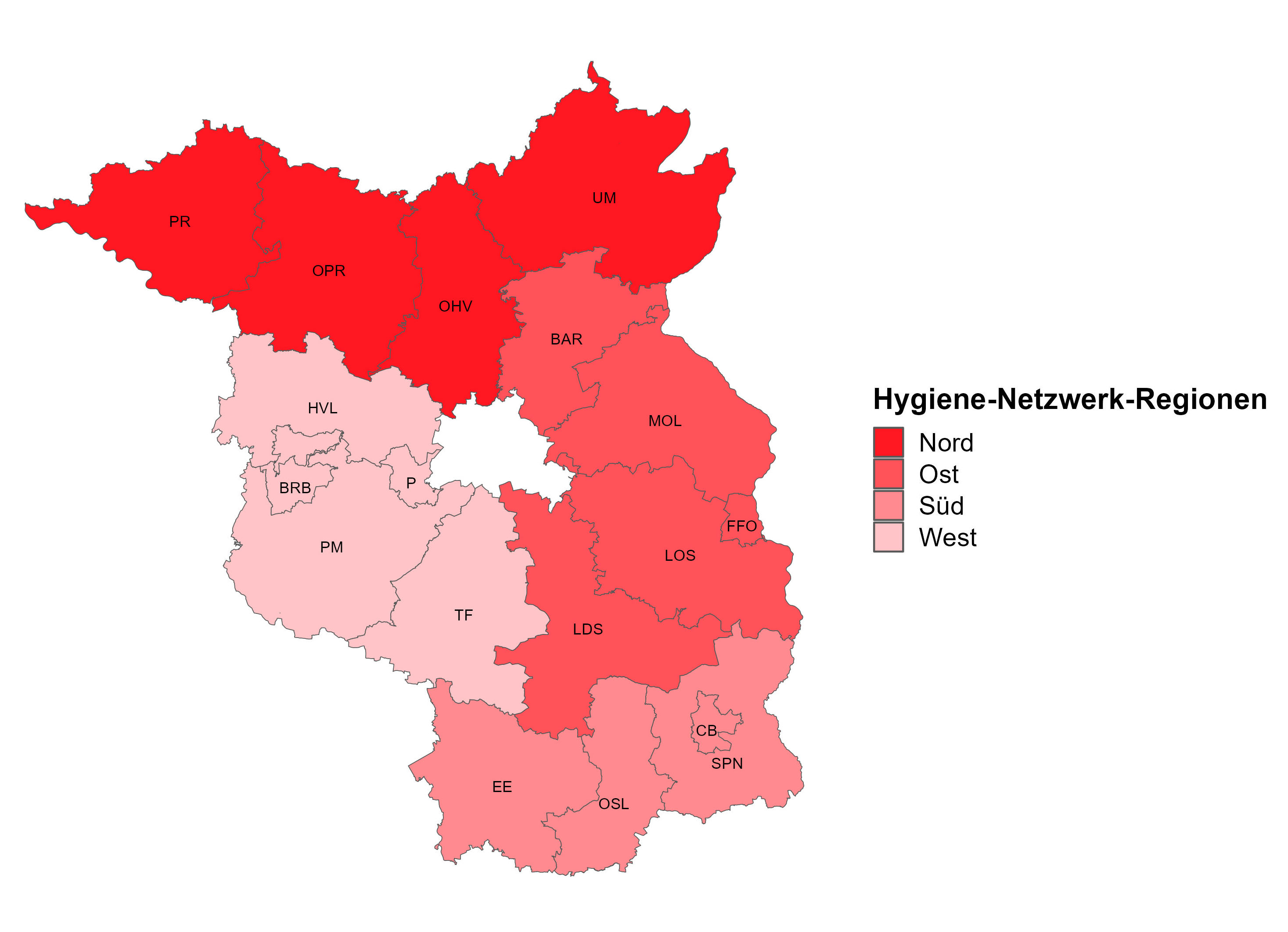 Karte mit allen 4 Regionen des Hygiene-Netzwerks Brandenburg.