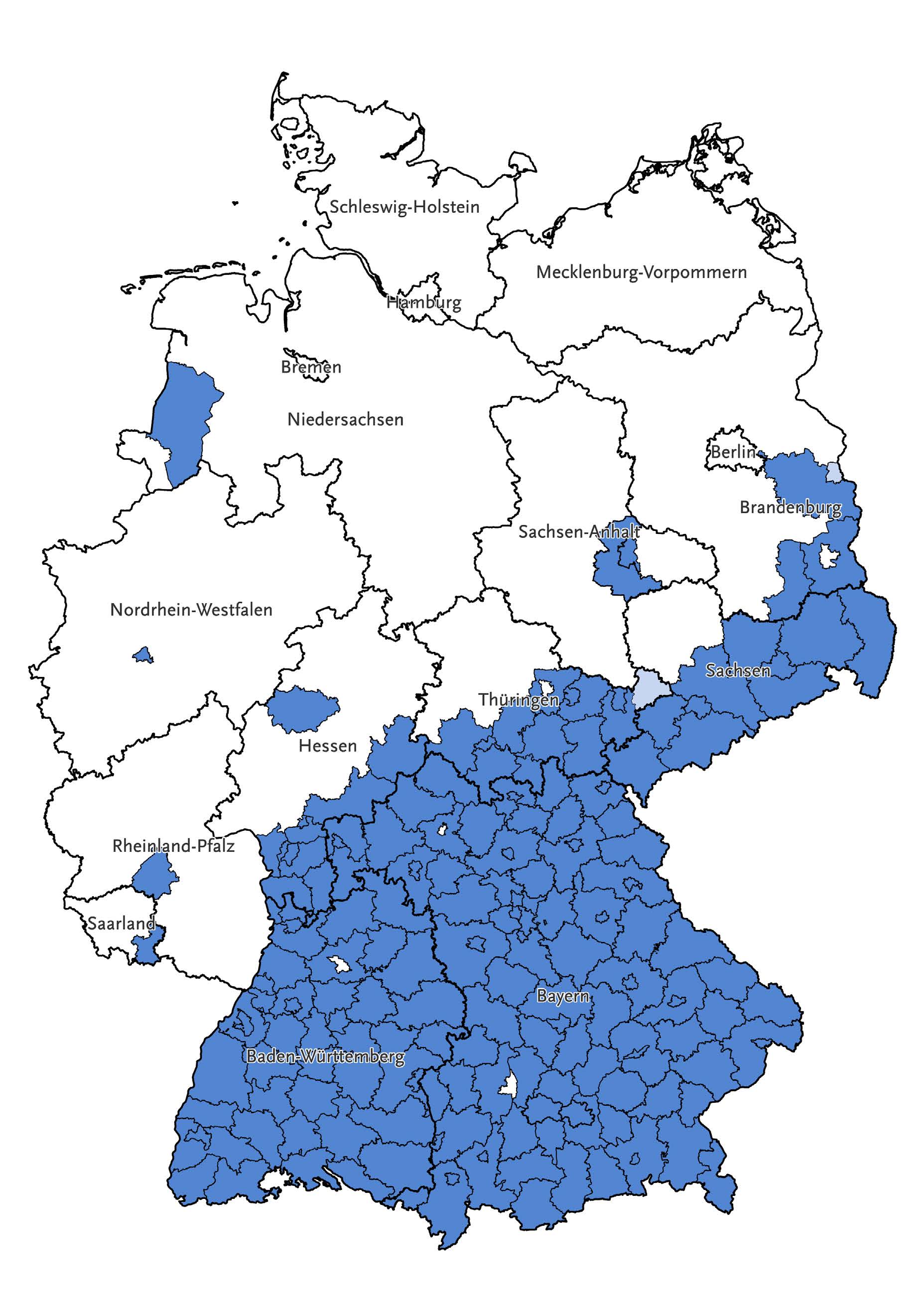 Deutschlandkarte mit Risikogebieten für Frühsommer-Meningoenzephalitis: erhöhte Gefahr in Bayern, Baden-Württemberg, Südhessen, im südöstlichen Thüringen, in Sachsen und im südöstlichen Brandenburg. Einzelne Risikogebiete befinden sich zudem in Mittelhessen, im Saarland, in Rheinland-Pfalz, Niedersachsen und Nordrhein-Westfalen. 