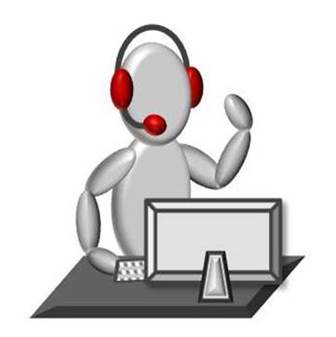 Graue Figur mit Headset sitzt vor Computerbildschirm