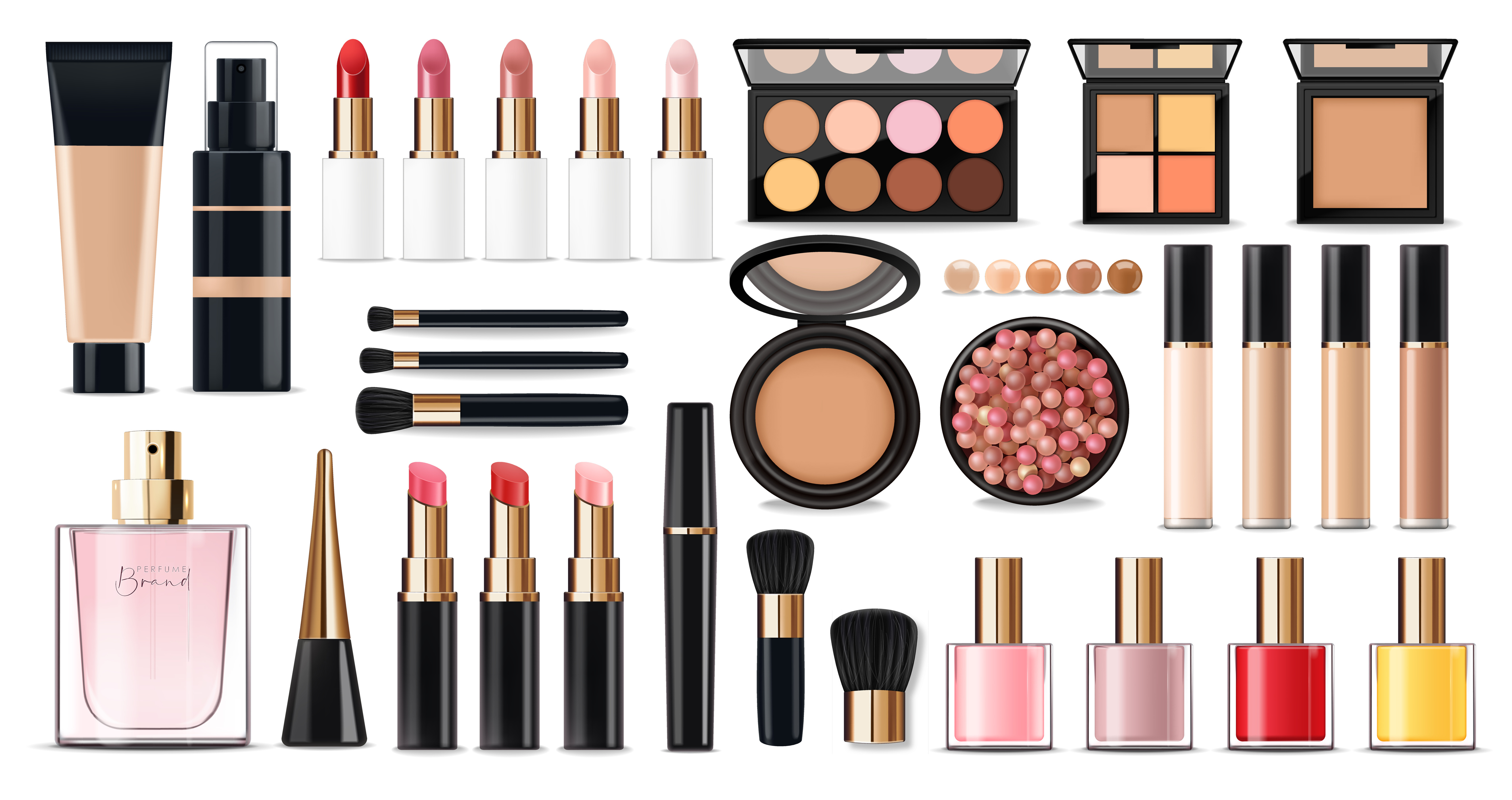 Diverse Produkte dekorativer Kosmetik, Makeup, Lippenstifte, Lidschatten, , Mascara, Kosmetikpinsel, Nagellack