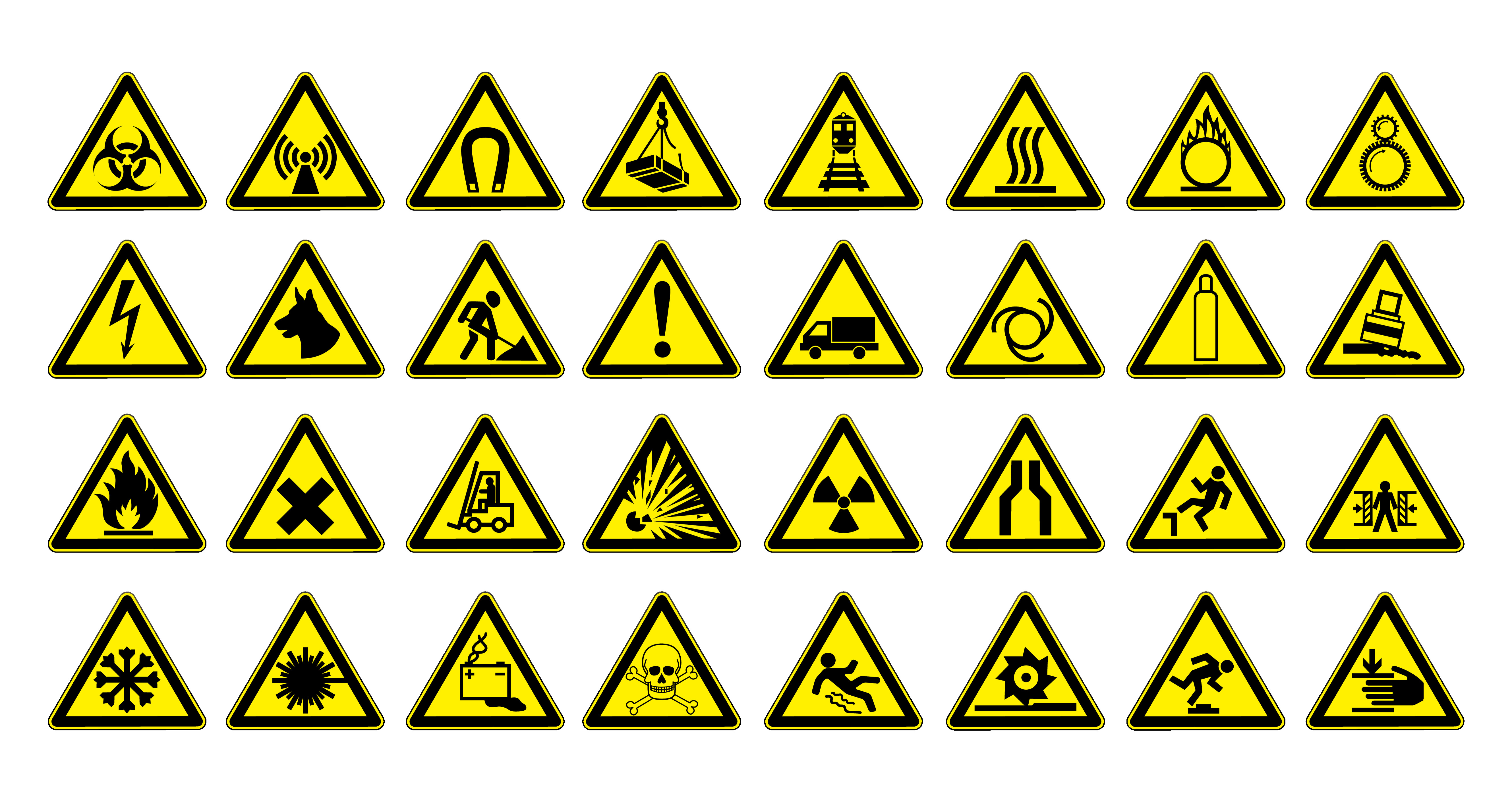 32 Warnzeichen zur Sicherheit am Arbeitsplatz als gelbe Dreiecke mit schwarzem Rand und Symbolen