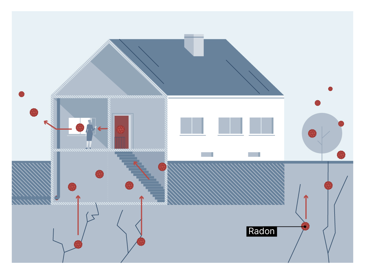 Gebäude im Querschnitt mit Erdgeschoss und Keller. Radon wird mithilfe farbiger Kugeln dargestellt, die über Risse im Boden in den Keller und das erdgeschoss aufsteigen, bevor sie außerhalb des Gebäudes, in Freie, entweichen.
